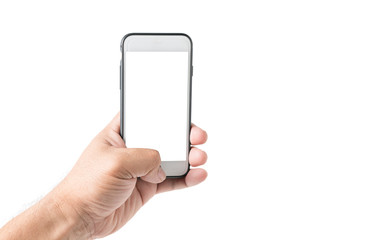 business hand man hold mobile phone with white screen