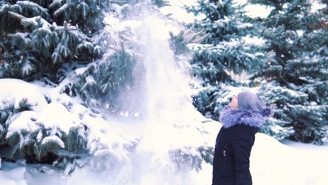 winter slow motion, snow falls slowly from a tree, a girl touches tree branches, snow falls