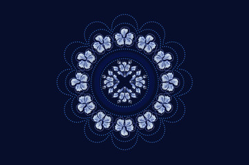 Double bluish wavy oval frame of beads with embroidered wreath from blue flowers on a dark blue background 
