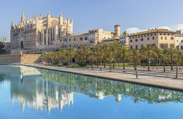Fototapeta na wymiar Cathedral or La Seu, reflection in pond. Balearic Islands, Palma de Mallorca.Spain.