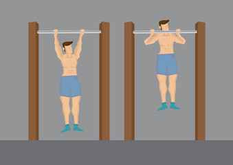 Pull Up Exercises Using Outdoor Chin-Up Bar Vector Cartoon Character Illustration