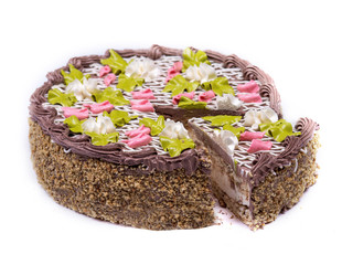 Fototapeta na wymiar Chocolate cake slice with curl on white background