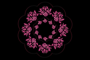 Embroidered of shiny wavy shaped frame with a wreath of bouquets of magenta flowers with leaves on a black background
