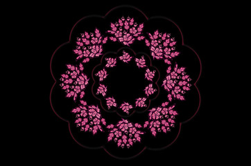 Embroidered of shiny wavy shaped frame with a wreath of bouquets of magenta flowers with leaves on a black background
