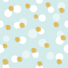 Glitter confetti polka dot seamless pattern background. Golden and pastel blue trendy colors. For birthday and scrapbook design.