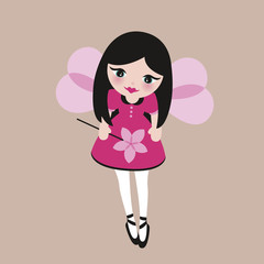 Cute little elf fairy girl with magic wand and wings to fly fantasy girls princess illustration