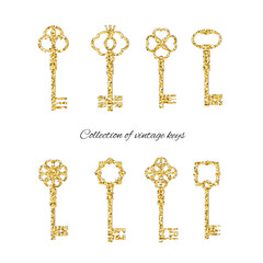Golden vintage keys set. Glitter texture. Isolated on white.