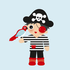 Cute little pirate boy with skull hat and parrot friend in striped t-shirt