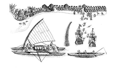 Dutch ships of Abel Tasman meeting Polynesian canoes  off the coast of Tongatapu Island, year 1643