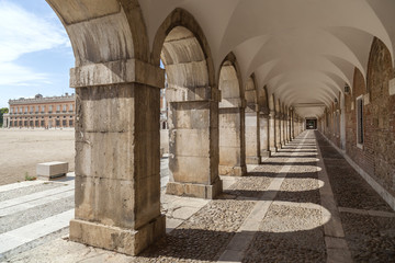 Arcade passageway near to palace of Aranjuez, province Madrid, Spain.