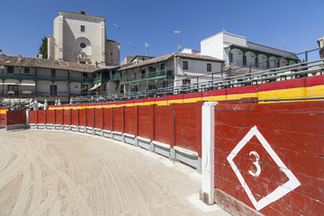 Square, Plaza Mayor, adapted as temporary bullring in the village of Chinchon, province Madrid, Spain.