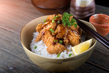 Japanese style crispy chicken with rice.