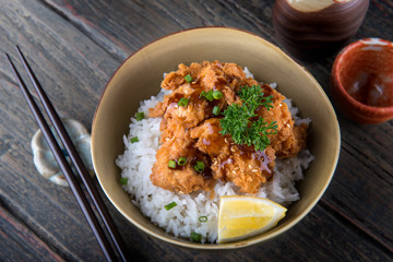 Japanese style crispy chicken with rice.