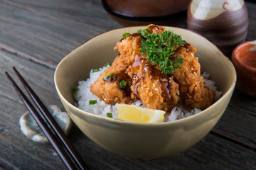 Japanese style crispy chicken with rice.