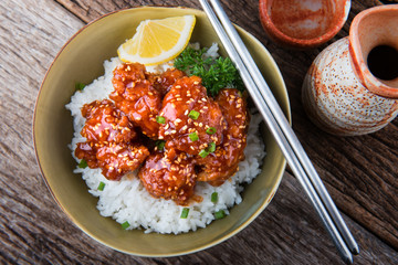 Korean style spicy crispy chicken  and rice.