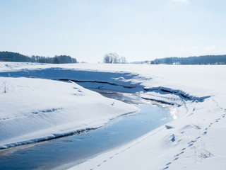 Fototapeta na wymiar Creek landscape with snow and frost