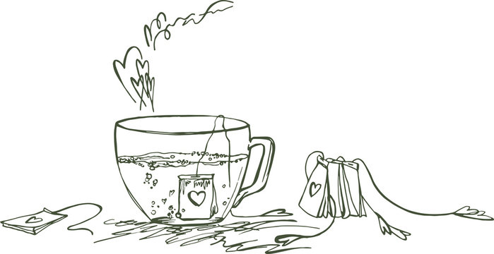 
Tea in a glass cup with hearts on tea bags. A sketch of a cup of tea with a romantic mood. Tea with Love.
