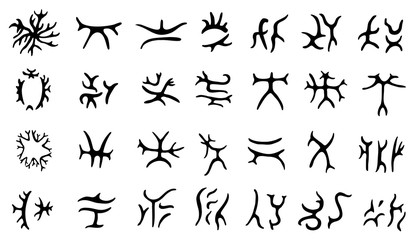 Set of  hand drawn lichen glyphs , ancient magical  symbols for divination. - obrazy, fototapety, plakaty