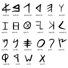 Hand drawn Phoenician alphabet,  black isolated on white background. © zgurski1980