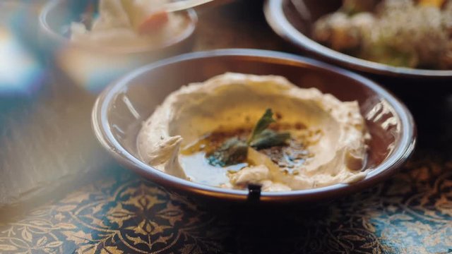 Lebanon cuisine served in restaurant. Traditional meze lunch