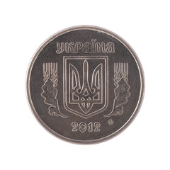 Ukrainian coin 2 kopiyka. Reverse side, coat of arms. Isolated on white, close-up view.