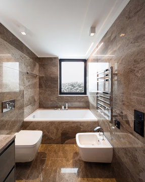 Luxurious marble bathroom with window