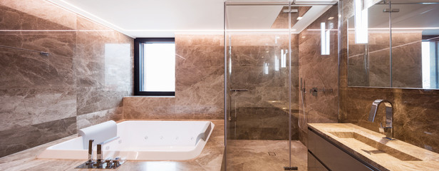 Luxurious marble bathroom with hydromassage - obrazy, fototapety, plakaty