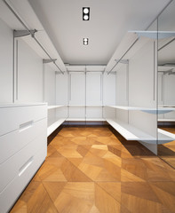 Large white walk-in closet with parquet