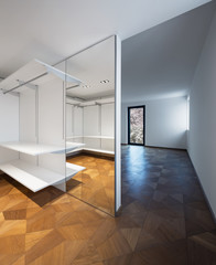 Large white walk-in closet with parquet