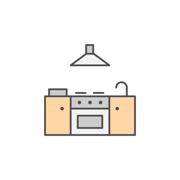 Stove icon with water faucet and extractor fan. Kitchen appliances for cooking Illustration. Simple thin line style symbol.