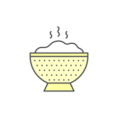Colander with full of hot rice icon. Kitchen appliances for cooking Illustration. Simple thin line style symbol.