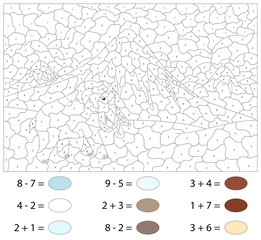 Cartoon mammoth on the background of the nature of the ice age. Color by number educational game for kids