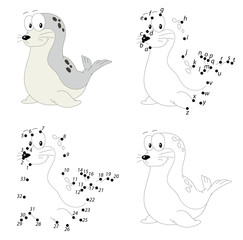 Cartoon fur seal. Coloring book and dot to dot game for kids