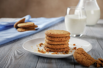 Healthy breakfast. Oatmeal cookies with milk.