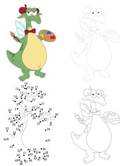Cartoon green dragon holds a brush and a palette with paints. Dot to dot game for kids