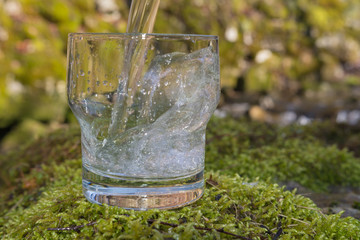 Glas mit wasser in der Natur füllen