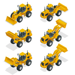 Isometric Vector illustration yellow bulldozer tractor, construction machine, bulldozer isolated on white. Yellow Wheel Loader, Industrial Vehicle. Pneumatic Truck. Manufacturing Equipment © Golden Sikorka