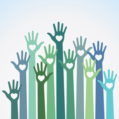 Fototapeta premium Green blue colorful caring up hands hearts vector logo design element. Volunteers hands up with heart emblem icon for education, health care, medical, volunteer, vote. Vector illustration.