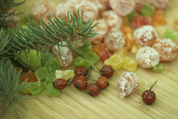 Christmas tree and fruit candied fruits close-up