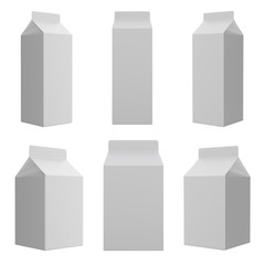 3D realistic render of carton white box. Milk, juice or cream. With shadow in different views. Isolated on white background with clipping path.