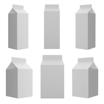 3D realistic render of carton white box. Milk, juice or cream. With shadow in different views. Isolated on white background with clipping path.