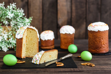Easter cake and Easter eggs (traditional decoration and attributes). Happy easter!