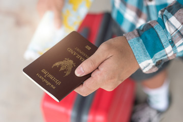 A man travel,Travel concept background,Overhead view of Traveler's accessories.