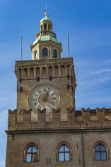 Clock Tower on Palazzo Comunale in Bologna. Italy