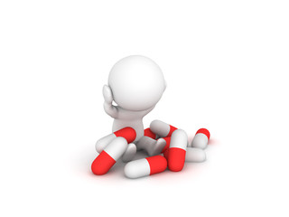 Stressed 3D Character with many capsule pills around him