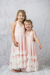 Fototapeta na wymiar Happy Sisters in Pink Dresses Smiling Girls