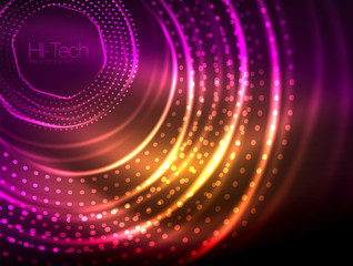 Magic neon circle shape abstract background, shiny light effect template for web banner, business or technology presentation background or elements, vector illustration