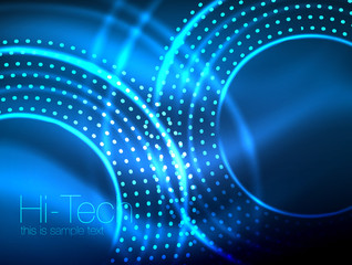 Magic neon circle shape abstract background, shiny light effect template for web banner, business or technology presentation background or elements, vector illustration
