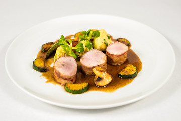 Steak chicken breast olive oil cherry tomatoes pepper and rosemary herbs.