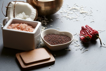Mustard seeds and Himalayan salt with other spices